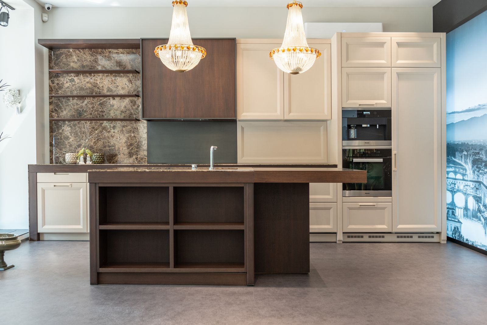 Chandelier kitchen with stone